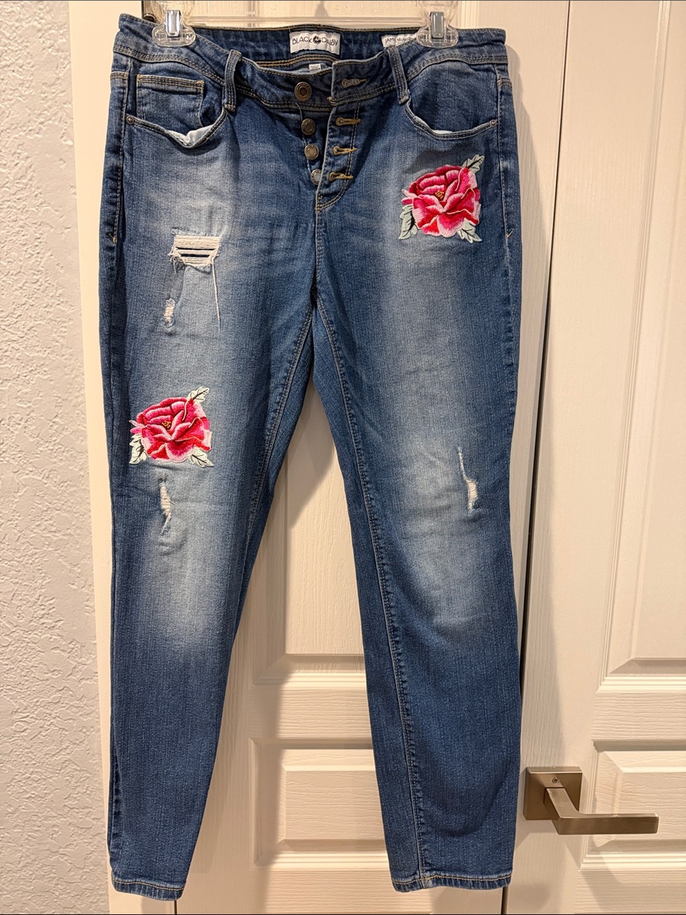 Distressed Blue Skinny Jeans with Pink Rose Embroidery